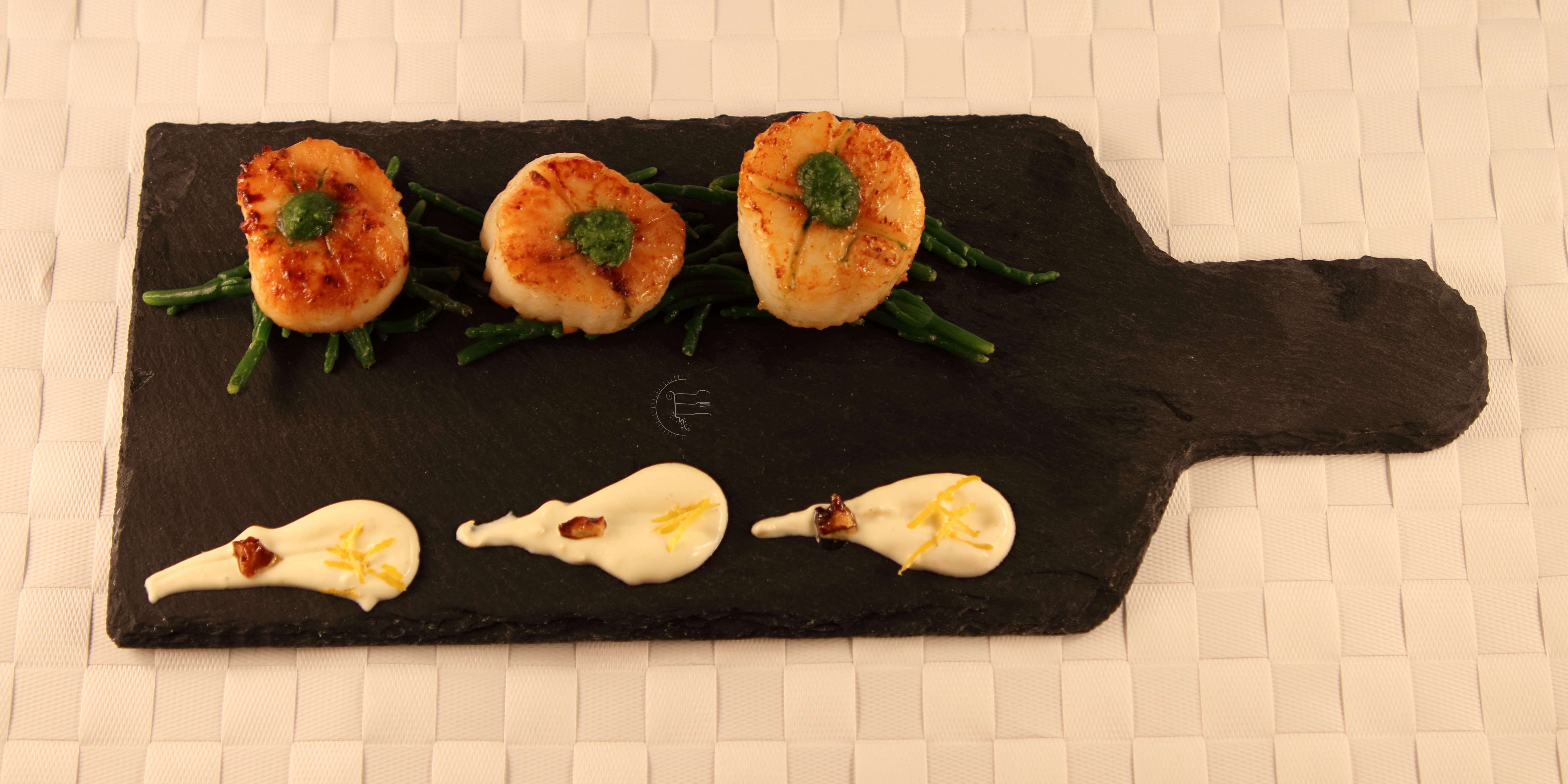Pan Seared Scallops with Mint and Coriander Chutney and Burnt Garlic